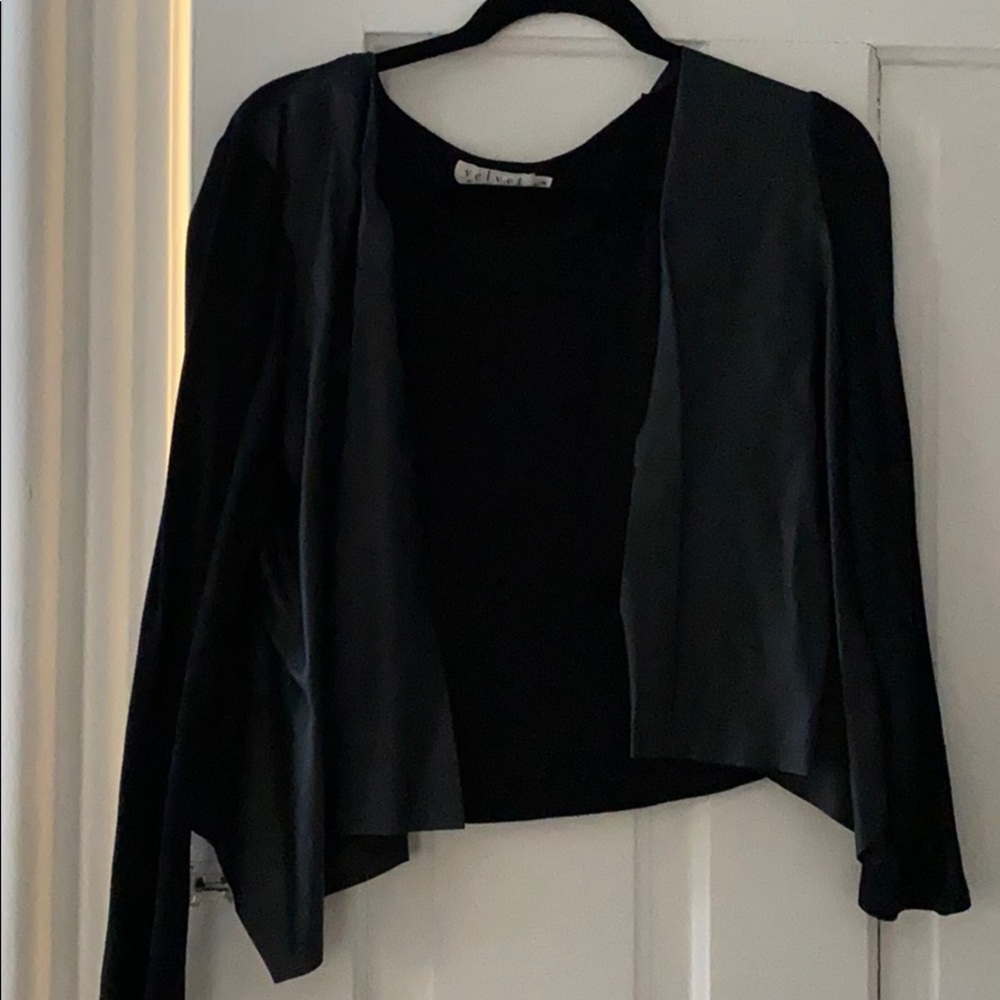 Velvet drape front faux leather open cardigan